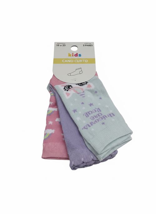 Kit 3 Pares de Meias Cano Curto Infantil Menina Unicórnio 19-23