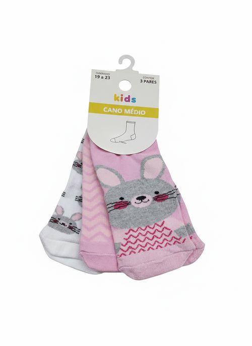 Kit 3 Meias Infantil Menina Rosa e Branco 19-23 Coelhinha