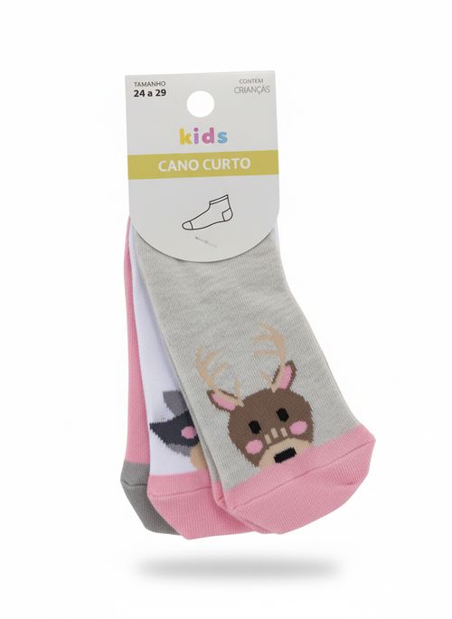 Kit 3 Meias Cano Curto Infantil Animais Divertidos Tam 24-29