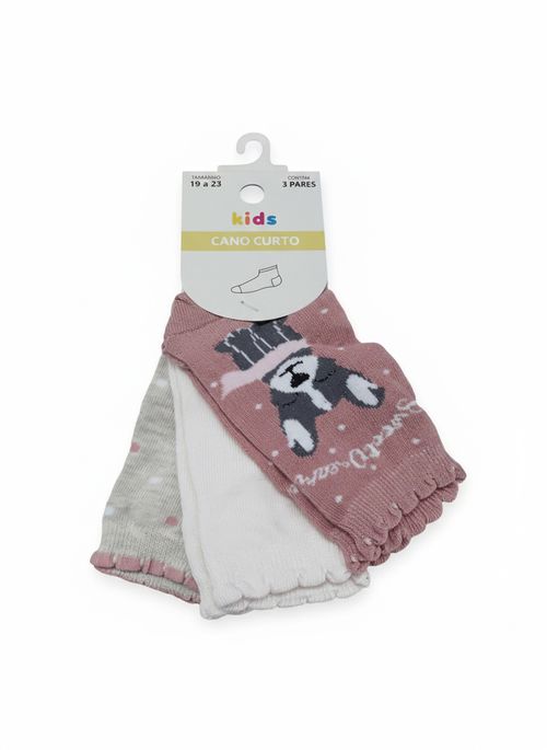Kit Meias Cano Curto Infantil Menina Cachorrinho Poá
