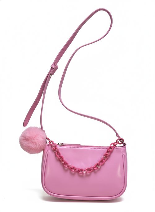 Bolsa Tiracolo Feminina Rosa Chiclete Corrente Pom-pom