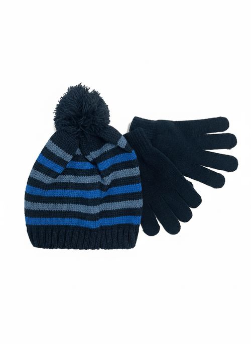 Kit Acessórios Inverno Azul e Cinza Gorro Listrado Pom-pom Luvas