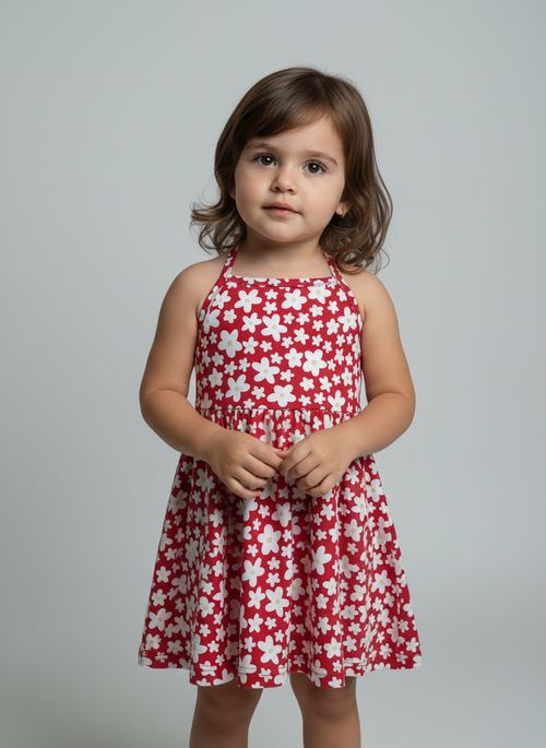 Vestido Halter Infantil Menina Vermelho e Branco Floral