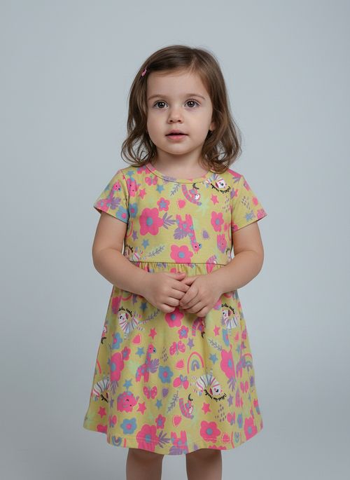 Vestido Infantil Menina Amarelo Bichinhos e Flores