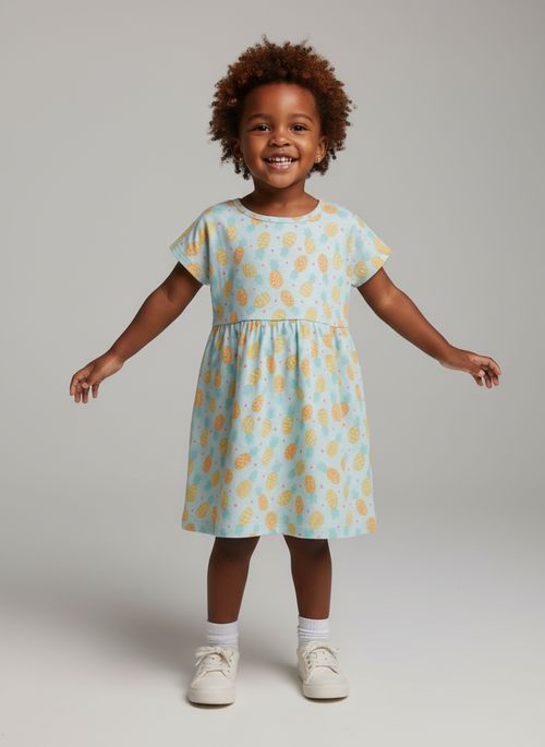 Vestido Infantil Menina Aqua Estampa Abacaxis e Corações