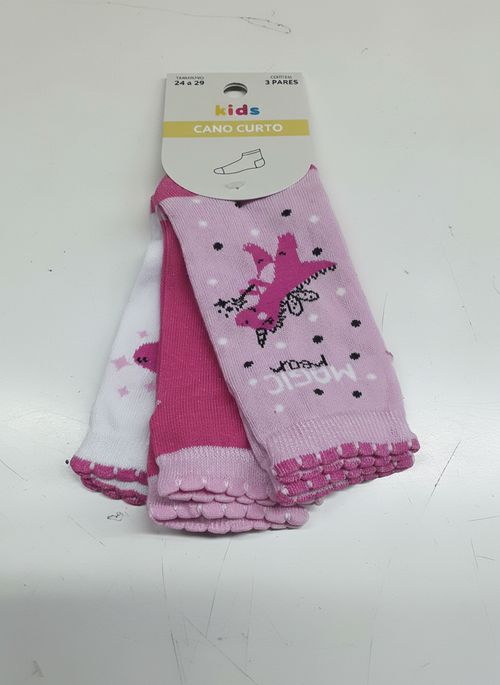 Meias Infantil Menina Kit 3 Cano Curto Rosa Dinocórnio (24-29)
