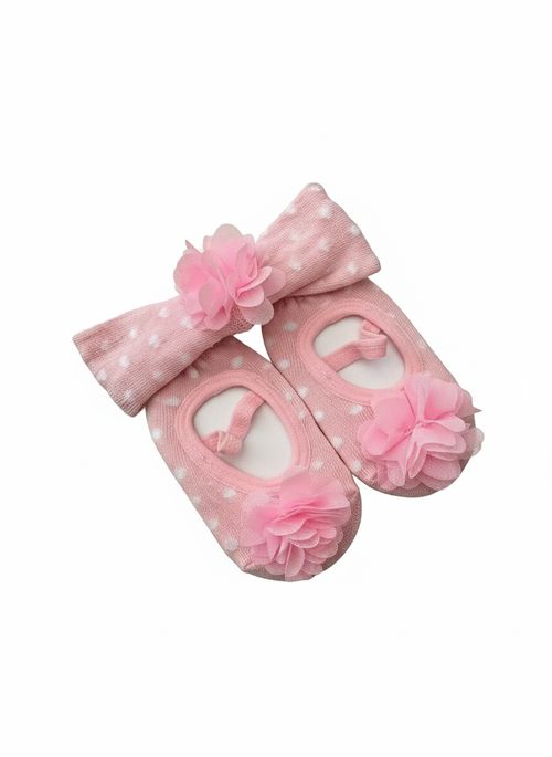 Kit Meia Sapatilha Bailarina e Faixa Infantil Menina Rosa Poá