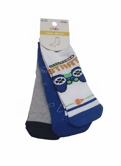 Meias Cano Médio Infantil Menino Kit 3 Pares Estampa Gamer