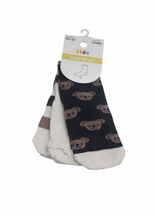 Meias Infantil Kit 3 Pares Coala, Listras e Liso Tam. 19-23