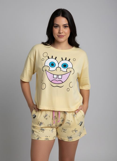 Pijama Cropped Feminino Amarelo Bob Esponja