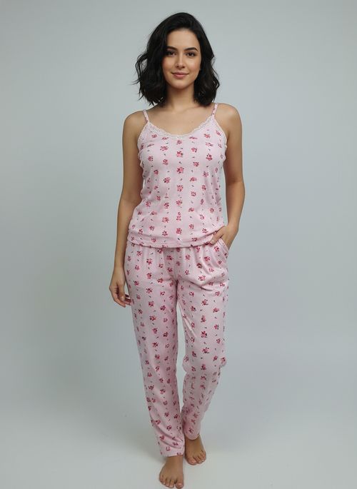 Pijama Longo Feminino Rosa Claro Floral Delicado c/ Renda