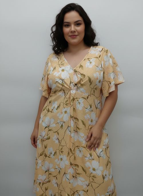 Vestido Midi Feminino Amarelo Floral