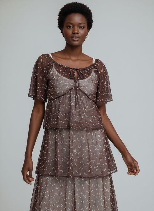 Vestido Midi Feminino Marrom Floral Liberty