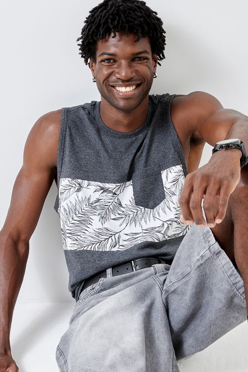 Regata Masculina Caedu Chumbo Folhas Bolso Algodão