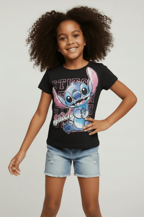 Blusa Infantil Menina Preta 4-10 Anos Estampa Stitch