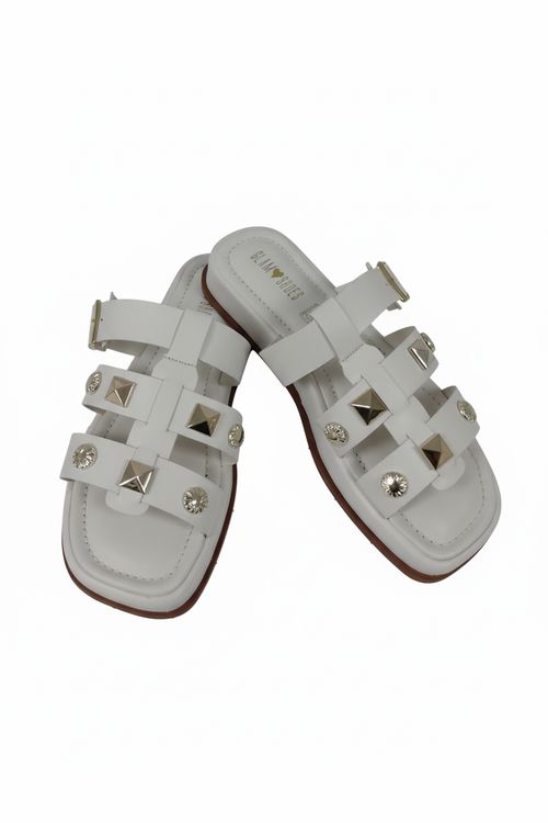 Sandália Feminina Off White com Spikes e Cristais