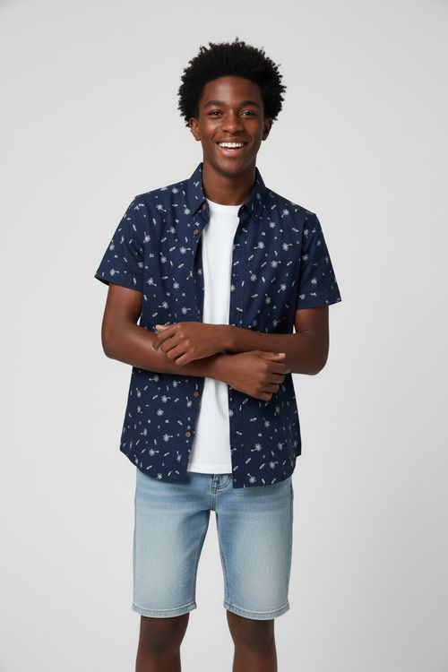 Camisa Infantil Menino Azul Marinho Juvenil Estampa Náutica