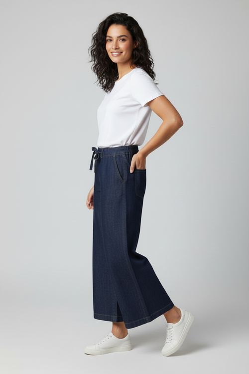 Calça Jeans Wide Leg Feminina Azul Escuro c/ Amarração Fenda