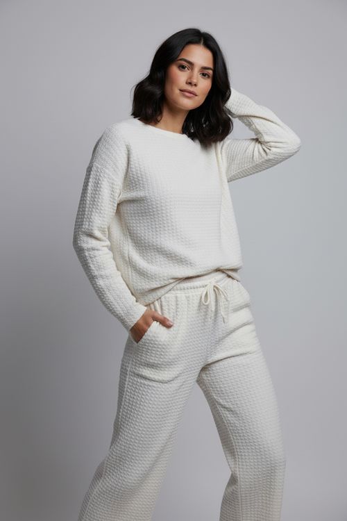 Calça Wide Leg Feminina Off White Trama Texturizada