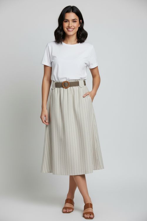 Saia Midi Feminina Bege Claro Listrada