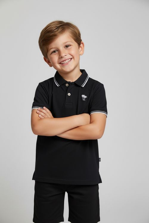Camiseta Polo Infantil Menino Preta Bordado Palmeira Listras
