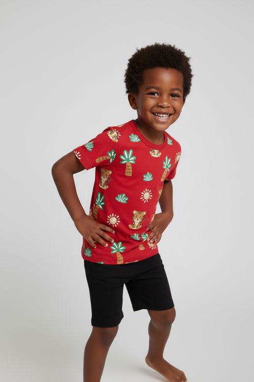 Blusa Infantil Menino Vermelha Estampa Tigrinhos na Floresta