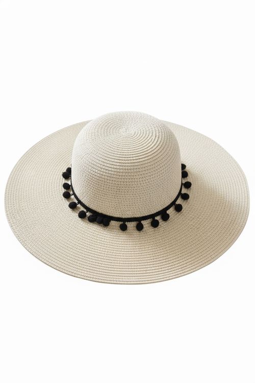 Chapéu de Praia Feminino Bege Claro Pompom Preto