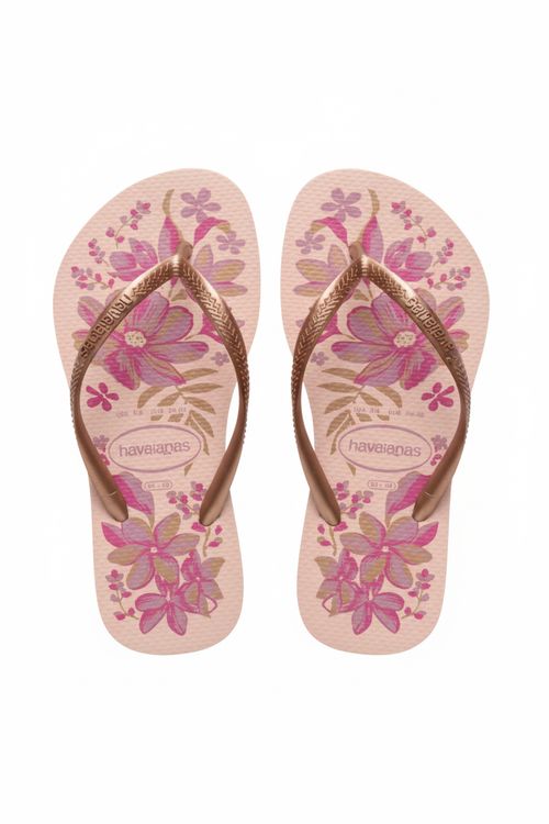Chinelo Feminino Rosé Floral com Tiras Bronze Metálicas