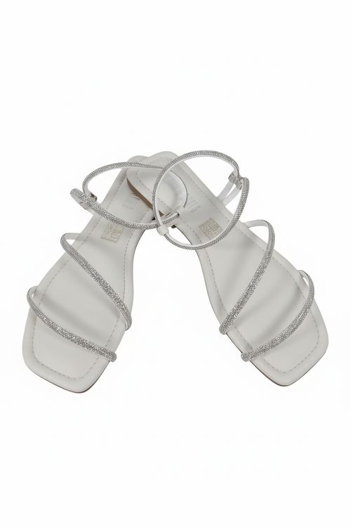 Rasteira Feminina Off White Tiras Strass Fivela Tornozelo