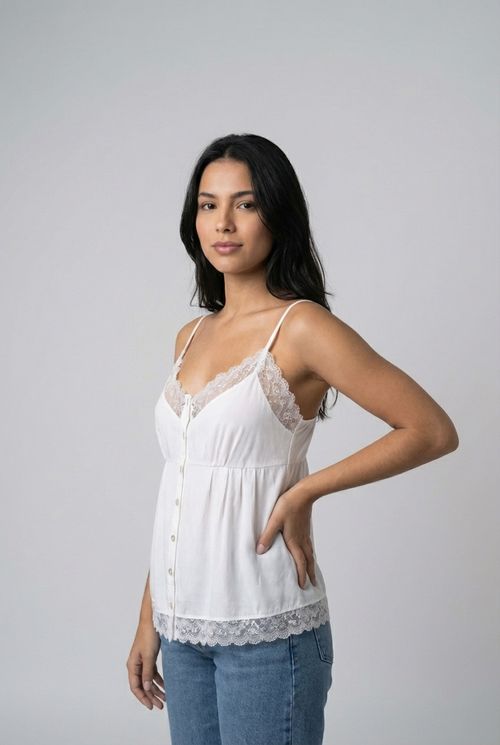 Blusa Regata Feminina Off White Renda