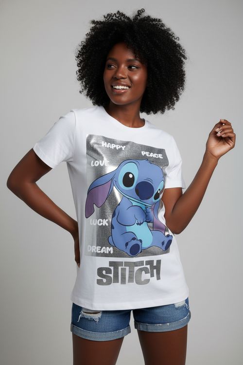 Blusa Feminina Branca Stitch Disney Foil Prata