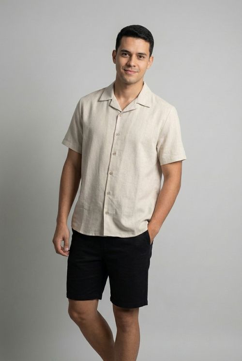 Camisa Masculina Bege Gola Cubana Linho Sintético Manga Curta