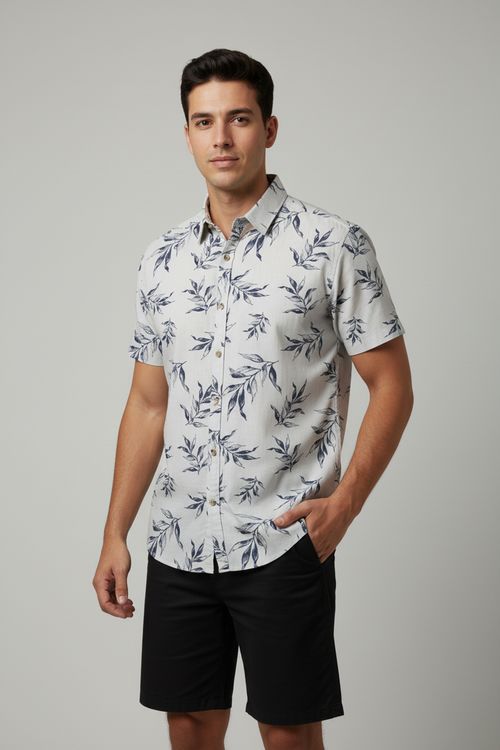 Camisa Masculina Manga Curta Estampa Folhas Efeito Linho
