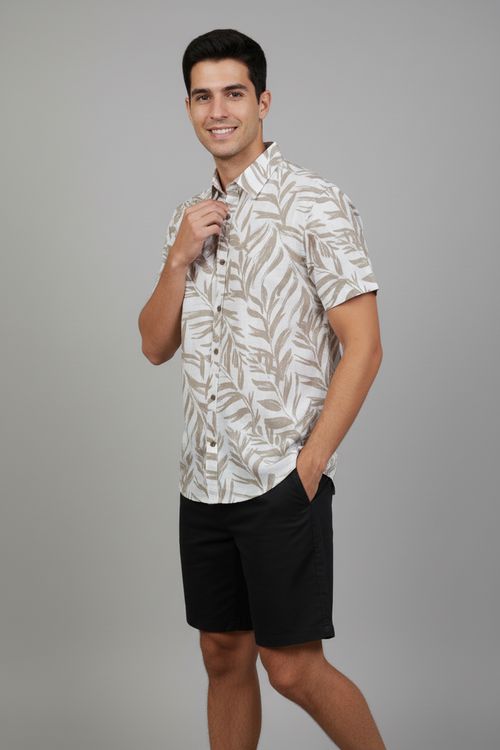 Camisa Masculina Casual Folhagem Tropical