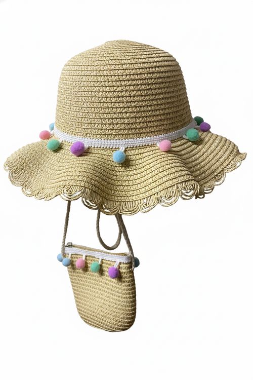 Conjunto de Bolsa e Chapéu Feminino Bege Pompoms Coloridos