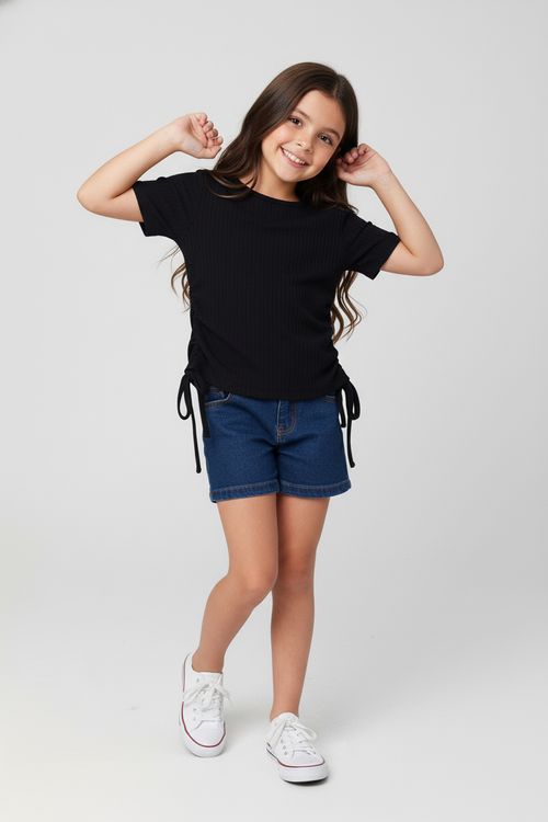 Blusa Infantil Menina Preta Canelada Franzido Ajustável