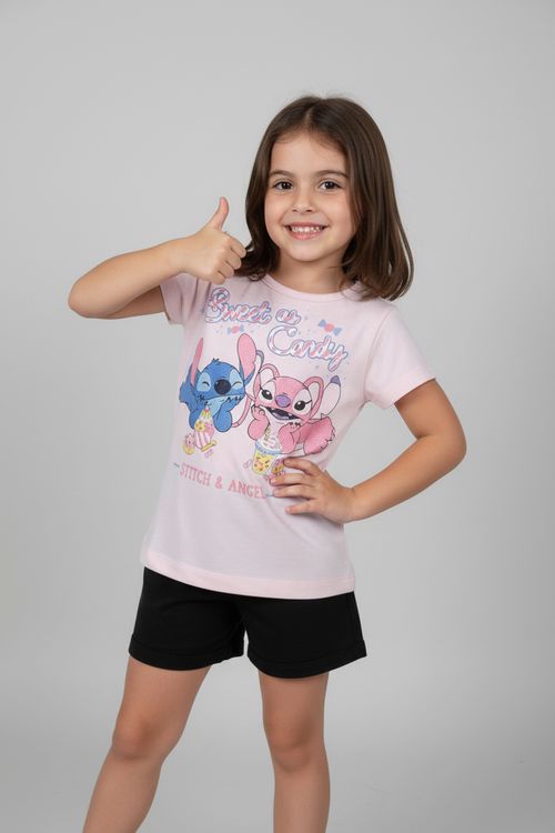 Blusa Infantil Menina Rosa Claro Stitch & Angel Sweet as Candy
