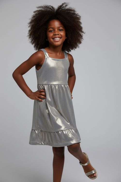 Vestido Infantil Menina Lurex Dourado Brilhante