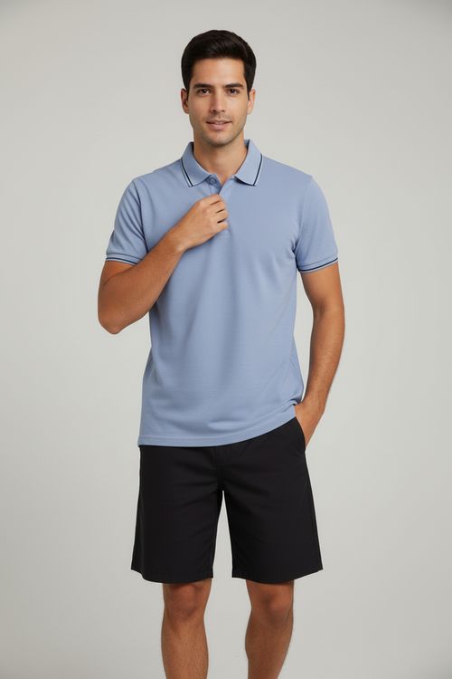 Polo Masculina Azul Claro com Textura Ponto e Frisos