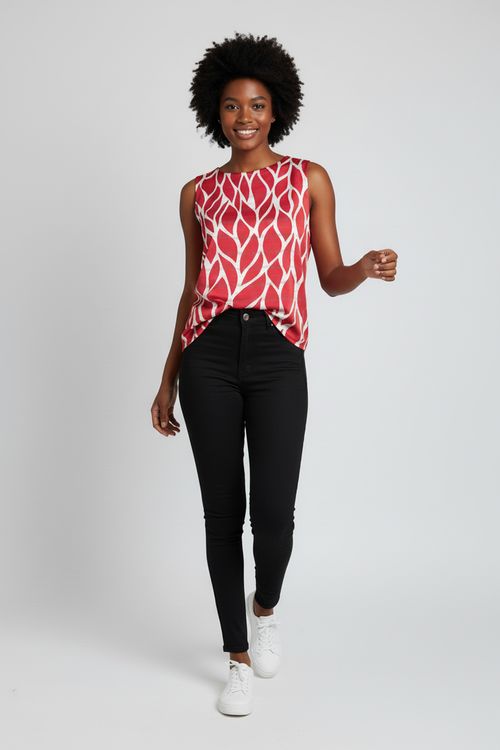 Top Regata Feminino Vermelho e Branco Estampa Geométrica