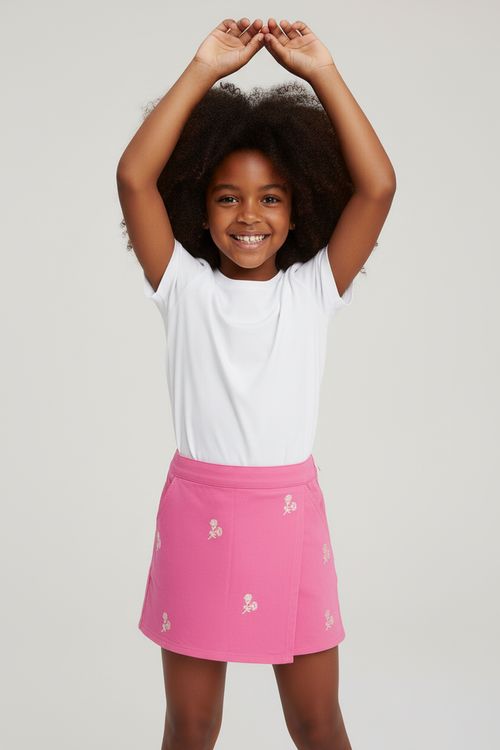 Short Saia Infantil Menina Rosa Chiclete Bordado Floral