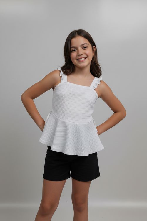 Blusa Infantil Menina Off White Peplum Anarruga Alças Franzidas