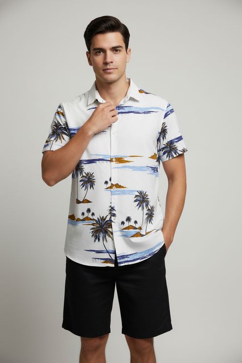 Camisa Masculina Tropical Palmeiras e Vista Mar