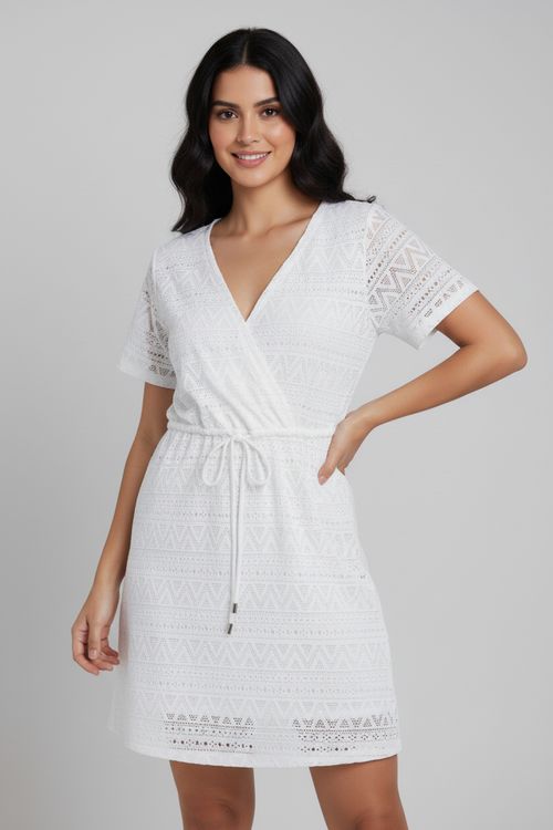 Vestido Saída de Praia Feminino Off White Renda V Amarração