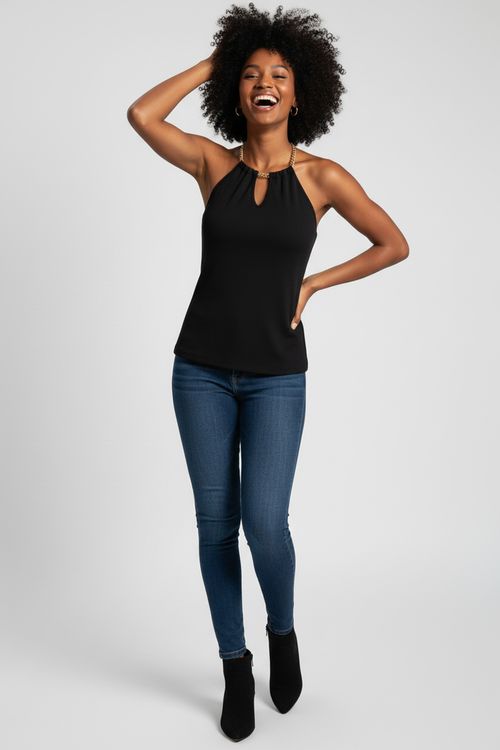 Regata Feminina Preta Halter Corrente Dourada