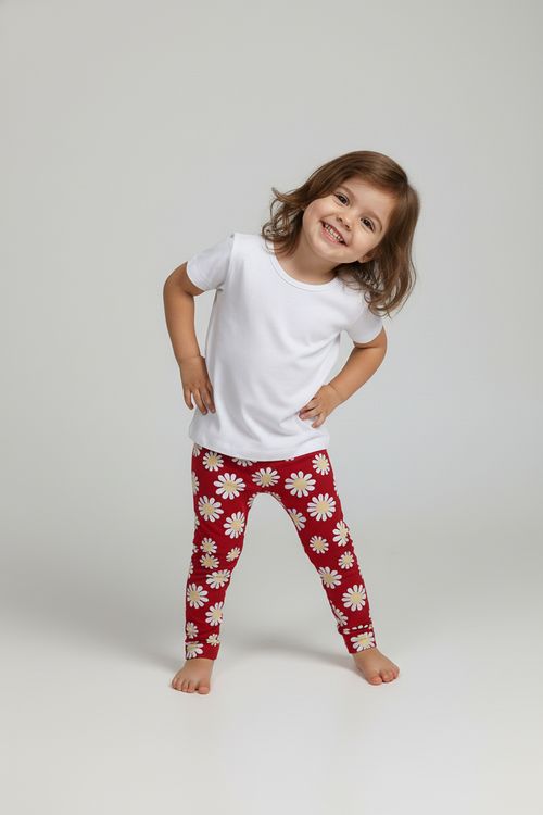 Legging Infantil Menina Vermelha Estampa Margaridas