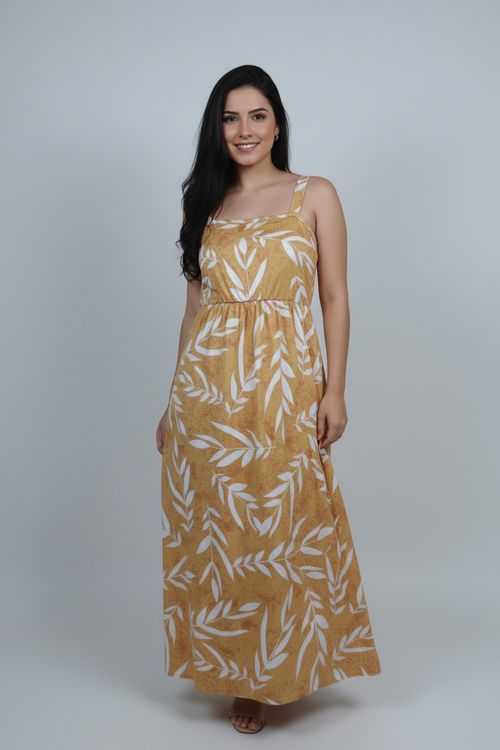 Vestido Longo Feminino Mostarda Tropical Folhas