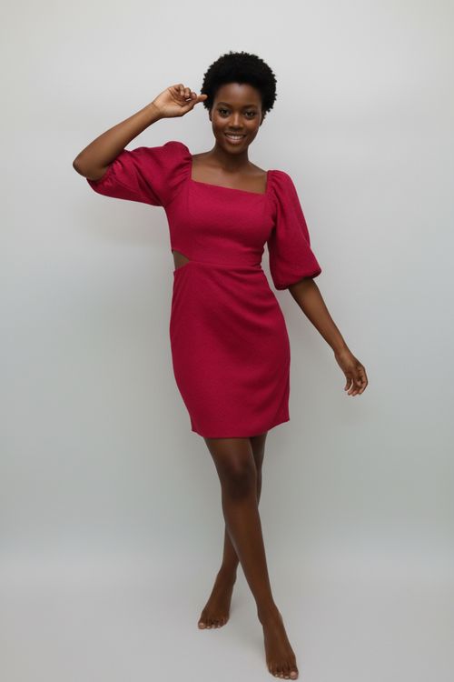Vestido Feminino Fúcsia Laise Curto Decote Quadrado Manga Bufante