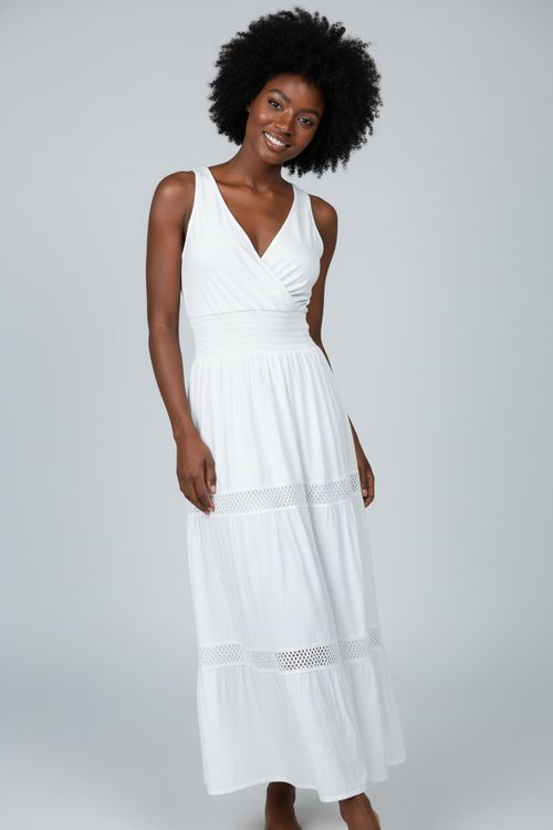 Vestido Feminino Off-white Decote V Recortes Vazados