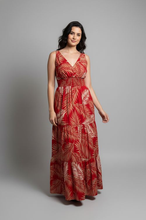 Vestido Longo Feminino Vermelho Estampa Folhagem Dourada